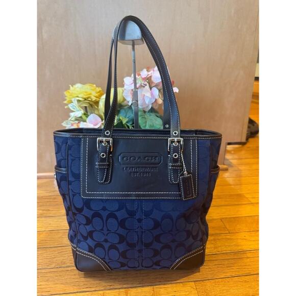 Coach monogrammed navy canvas and leather shoulder bag # F10659 (pu150 - Picture 1 of 16
